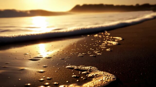 Glowing sunset on a beach with waves and sand texture