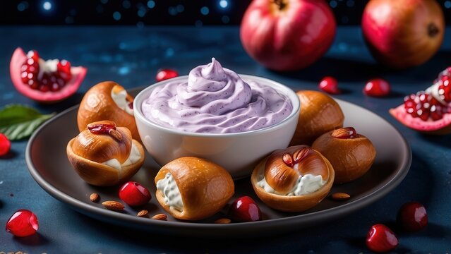 Blue cheese-stuffed pretzel bites floating over fruit dip with Cool Whip swirls, wine glass spilling pomegranate seeds like gems, galaxy background with constellations of roasted almonds. - Powered by Adobe
