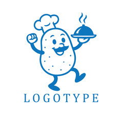 Blue and white logo of a cheerful potato dancing in a chef hat, proudly presenting a tray of steaming food. Playful motion, clean lines, and whimsical charm—ideal for fun food branding or quirky culi