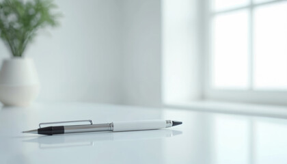 Minimalist white gel pen on sleek modern desk. Elegant stationery tool with gold accents for luxury office or study. Clean simplicity, pure design for pro workspace organization and branding.