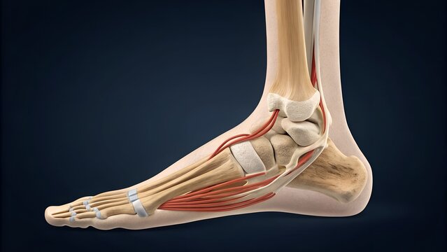 3D visualization of ankle rotation &mdash; subtalar joint movement, fibula and tibia alignment with tendon slide in slow-motion anatomy view