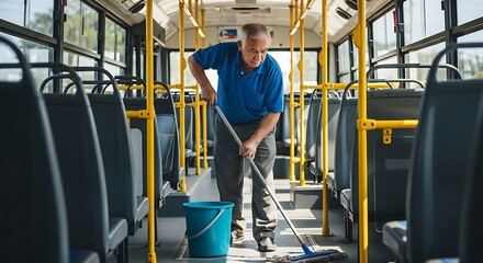 Elderly worker cleaning interior of bus with mop