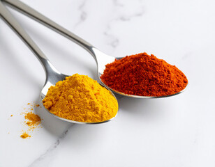 Two Spoons of Spices: Vibrant Yellow Turmeric and Red Paprika on Marble