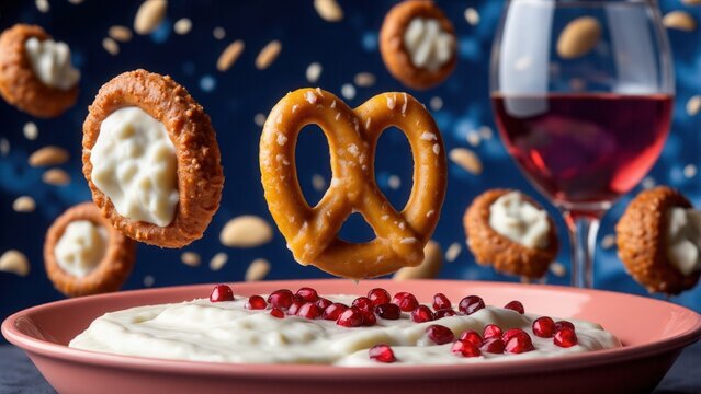 Blue cheese-stuffed pretzel bites floating over fruit dip with Cool Whip swirls, wine glass spilling pomegranate seeds like gems, galaxy background with constellations of roasted almonds. - Powered by Adobe