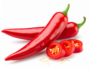 Vibrant Red Chili Peppers: Whole and Sliced, Isolated on White Background
