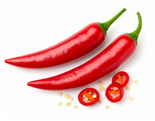 Two vibrant red chili peppers with sliced rings and seeds on a white background