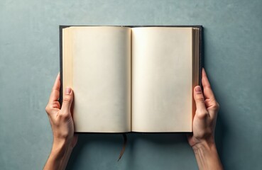 Obraz premium Hands hold open blank book, textured paper pages ready for writing or drawing. Minimalist design, simple clean cover. Perfect for presentations on education, literature, and publishing.