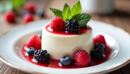 Sweet cream tea dessert with berries, mint leaves on a plate