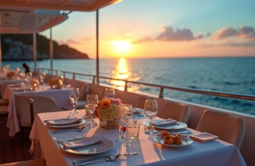 Fototapeta premium Elegant yacht dining setup features beautifully set tables against scenic sunset over ocean. Luxurious experience includes fine tableware, glassware, floral decor, perfect for romantic dinners