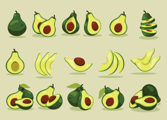Collection of avocado illustrations showing whole, halved, sliced, and stacked avocados with pits, set against a light background.