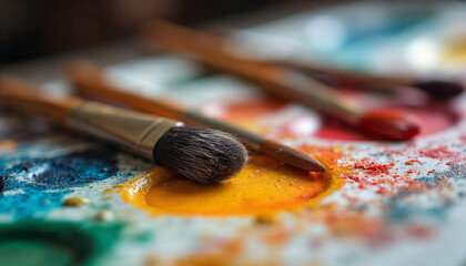 Artistic brushes lie on a palette with oil colored paints 