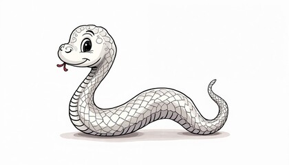 Fototapeta premium Cute cartoon snake illustration. Friendly white reptile with black outline. Simple, adorable drawing of serpent with forked tongue. Ideal for children books, educational content, pet-themed designs.