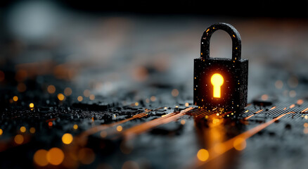 Cybersecurity visualization with glowing padlock over digital circuit lines symbolizing protection and online safety