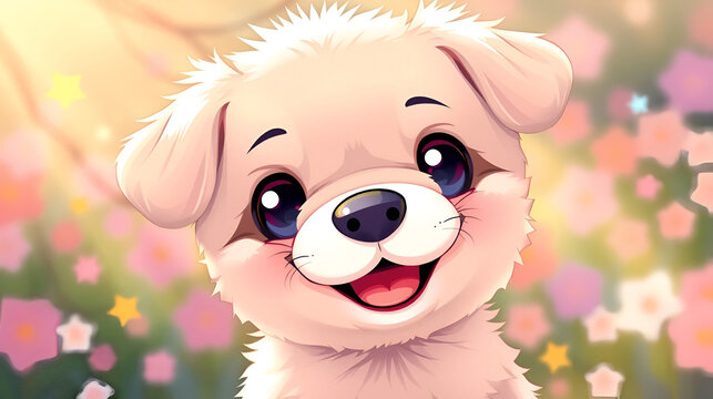 A cute, adorable, happy kawaii pappy smilling at viewer. Vibrant, dreamy vibe around the puppy. Kawaii art.