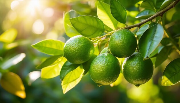 fresh green limes on tree branch surrounded by vibrant leaves and warm sunlight - Powered by Adobe