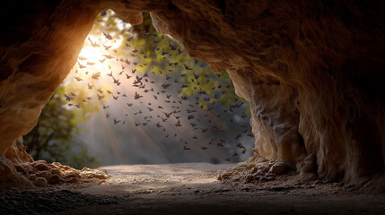 Bats emerge from a cave at sunset with gentle sunlight