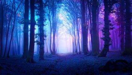 Fototapeta premium a mystical enchanted forest bathed in glowing blue and purple light