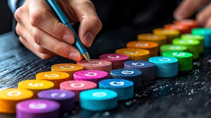 Hand points pen at colorful numbered disks