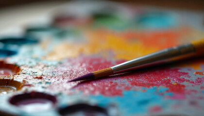 Artistic brushes lie on a palette with oil colored paints 