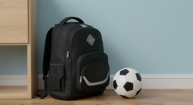 Black backpack beside soccer ball on wooden floor in room  