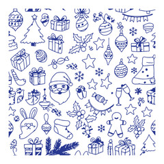 Whimsical Christmas Celebration A Hand Drawn Blue Line Pattern Depicting Festive Ornaments Presents and Holiday Characters on White