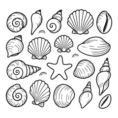 Black and White Line Art of Seashells and Starfish, Beach and Ocean Inspired, Perfect for Coloring Books and Nautical Designs