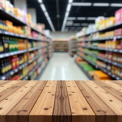Wooden Table Surface with Blurred Supermarket Aisle and Product Shelves Background