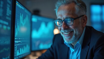 Close-up of smiling businessman in suit wearing glasses, looking at computer screens displaying financial charts in modern office. He seems successful and cheerful working with technology and data.