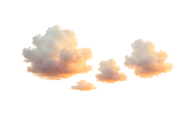 Fluffy cumulus clouds illuminated by golden sunset light isolated on transparent background
