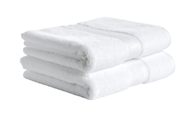 Stack of three fluffy white bath towels isolated on transparent background