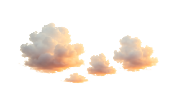Fluffy cumulus clouds illuminated by golden sunset light isolated on transparent background