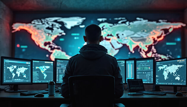 Military analyst monitors global operations using advanced technology in command center. Displays show world maps with data, charts, communication feeds. Focus on strategy, defense, intelligence