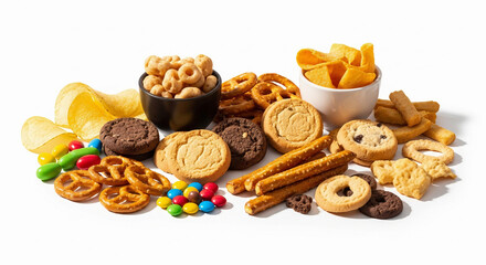 Large Collection of Food and Drinks on a White Background
