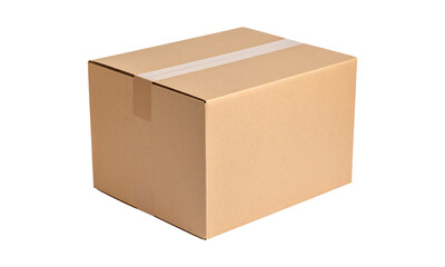 Cardboard shipping box with tape isolated on transparent background