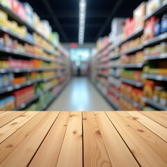 Empty Wooden Tabletop Display Space with Defocused Grocery Store Interior