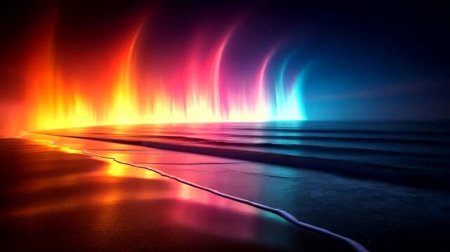 Enchanting Coastal Aurora: A Mesmerizing Display of Light Over a Tranquil Ocean Shore