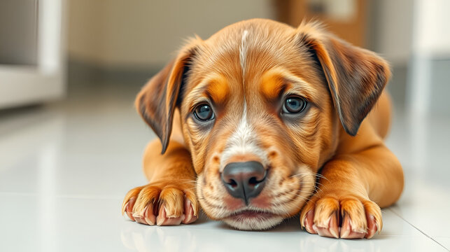 Brown cute pappy with sad eyes laying on white floor. Take puppy from animal shelter concept. Banner with copy space