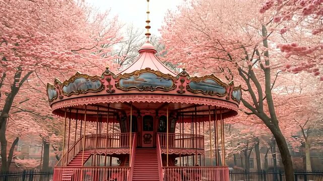 Enchanting Pink Carousel Surrounded by Cherry Blossoms in a Dreamy Atmosphere