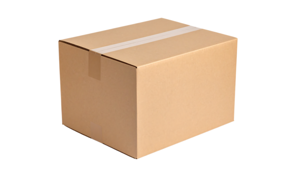 Cardboard shipping box with tape isolated on transparent background