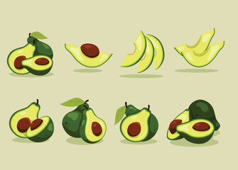 Collection of stylized avocado illustrations showing whole, halved, and sliced avocados with pits, on a light background.