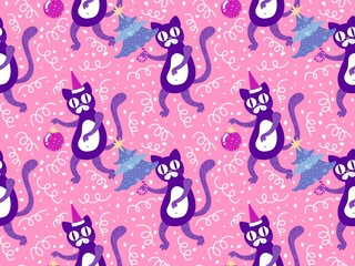 Cartoon funny cats seamless Christmas pattern for wrapping paper and kids clothes print and festive packaging