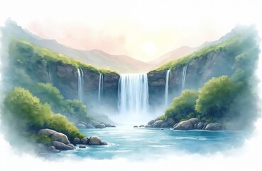 Fototapeta premium Watercolor illustration majestic mountain waterfall cascading into tranquil blue pool. Green foliage adorns rocky cliffs, with soft mist rising from falling water. Serene scenery captures of nature