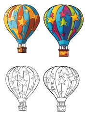 Obraz premium Cartoon Hot Air Balloons with Stars and Coloring Book Outlines