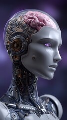 Obraz premium A futuristic humanoid robot displays intricate circuitry and an illuminated brain section, emphasizing the merging of technology and biology. This innovative design highlights biohacking concepts