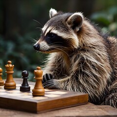 Cute Raccoon Playing Chess Outdoors