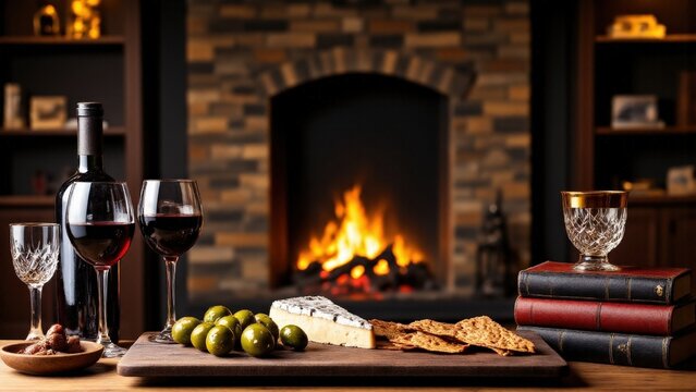 Cozy dark academia scene: blue cheese board with fig jam, roasted almonds, marinated olives, homemade red wine half-poured in crystal glasses, caramelized onions in copper pan, antique leather-bound b - Powered by Adobe