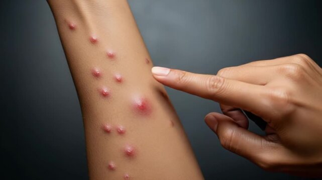 A closeup view of a persons arm covered in red, inflamed blisters, with a finger pointing to one of the lesions, suggesting a skin condition or illness