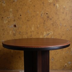 Vintage Round Leather Table with Dark Wood Pedestal Against Textured Marbled Wall