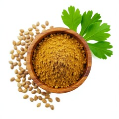 Ground Coriander in a Wooden Bowl with Whole Seeds and Fresh Cilantro on a White Background