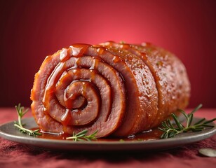 Fototapeta premium Spiral ham glazed with rich sauce, glistening under warm light. Delicious centerpiece for holiday feasts special meal. Juicy meat, savory glaze, festive cranberry red background evoke culinary